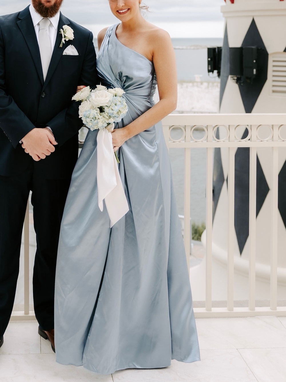 Azazie Brooke Dusty Blue A-Line One Shoulder Metallic Satin Dress Size 8 - Picture 2 of 2